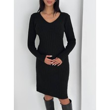 Abba1 Yumuşak Dokulu Fitilli V Yaka Triko Elbise