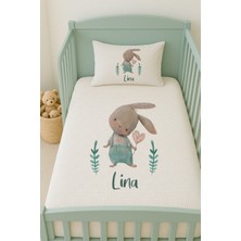 Lilabio %100 Pamuk Isme Özel Isimli 100X150 cm Pike Seti Yeşil Tulumlu Tavşan