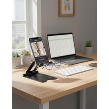 Aesco Ayarlanabilir Metal Telefon ve Tablet Standı – Katlanabilir Masa Üstü Tutucu, Kaymaz Silikon Destekli, Evrensel Uyumlu, Şarj Boşluklu, Siyah