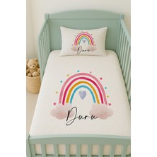 Lilabio %100 Pamuk Isme Özel Isimli 100X150 cm Pike Seti Kalpli Bulutlu Gökkuşağı