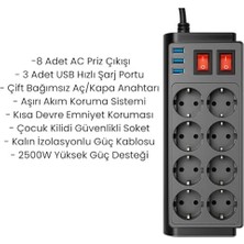Aesco 8 Prizli Çoklu Priz – 3 USB Hızlı Şarj Portu, Çift Anahtarlı Güvenli Kontrol, Aşırı Akım & Kısa Devre Koruma, 4000W Güç Destekli Çoklu Uzatma Prizi