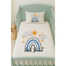 Lilabio %100 Pamuk Isme Özel Isimli 100X150 cm Pike Seti Mavili Gökkuşağı