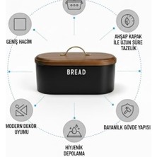 Aesco Siyah Metal Ekmek Kutusu 33X18X18 cm | Ahşap Kapaklı Büyük Hacimli Ekmeklik | Kulplu Modern Mutfak Depolama Kabı | Uzun Süre Taze Saklama