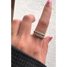 Leo'Stone V.ı.p Çift Renk Seri Aurora Ikili Sıra Zirkon Taşlı Tasarım Ayarlanabilir Çelik Yüzük