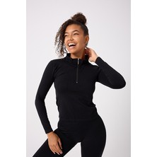 Forever More Kadın Siyah Fermuarlı Spor Crop Top Uzun Kollu Dikişsiz Özel Tasarım