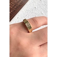 Leo'Stone Gold Dikdörtgen Zirkon Taş Detaylı Plaka Tasarım Ayarlanabilir Serçe Parmak Yüzüğü