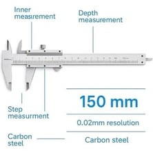 Aesco Analog Kumpas, 150 Mm, 0.02 mm Hassasiyetli Ölçüm Aleti, Karbon Çelik Gövde, Iç Dış Derinlik ve Ölçüm Uygunluğu ile Teknik Kaliper