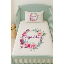 Lilabio %100 Pamuk Isme Özel Isimli 100X150 cm Pike Seti Pembe Çiçek Çemberi