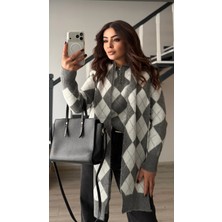 Elisin Gri-Ekru Polo Yaka Atkılı Triko Kazak