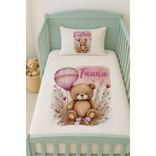 Lilabio %100 Pamuk Isme Özel Isimli 100X150 cm Pike Seti Pembe Balonlu Ayıcık