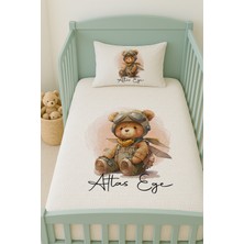 Lilabio %100 Pamuk Isme Özel Isimli 100X150 cm Pike Seti Retro Pilot Ayıcık