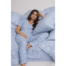 Koza İç Giyim Kadın Bebe Mavisi Kısa Kollu Pamuklu Fitilli Kaşkorse Pijama Takımı Rahat Tasarım
