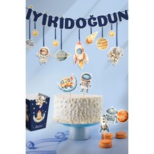 Msticker Astronotlar ve Uzay Figürleri Temalı Doğum Günü Konsepti Süsleme Seti , Cupcake Süsü Flama Etiket