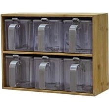 Aesco Bambu Standlı 6'lı Baharatlık Seti Takımı Kaşıklı 13 Parça Pratik Saklama Kabı