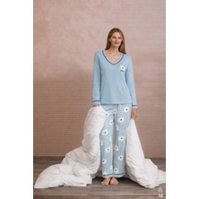 Kadın V Yaka Çiçek Desenli Ara Biyeli Uzun Kollu Pamuklu Pijama Takımı