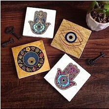 Aesco Nazar, Fatma Ana Eli  Taş Bardak Altlığı Seti - 4 Parça - Dekoratif, Rustik Mutfak Aksesuarı, 10X10 Cm, Kaydırmaz Tabanlı, Şık ve Dayanıklı SC511