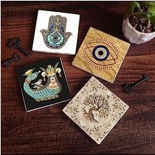 Aesco Nazar, Şahmeran, Hayat Ağacı, Fatma Ana Eli  Taş Bardak Altlığı Seti - 4 Parça - Dekoratif, Rustik Mutfak Aksesuarı, 10X10 Cm, Kaydırmaz Tabanlı, Şık ve Dayanıklı SC505