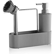 Aesco Life 3 Lü Krom Kapaklı Gri Deterjanlık Fırçalı Mutfak Banyo Temizlik Seti Düzenleyici MIT1176