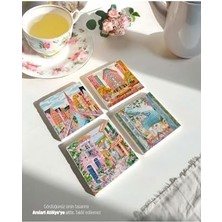 Aesco ve Yaz Avrupa Şehir Temalı Taş Bardak Altlıkları - 4’lü Set Çiçekli ve Renkli