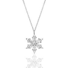 Bilsen Store 925 Ayar Gümüş Zincirli Damla Beyaz Taşlı Lotus Kamelya Çiçeği Kolye