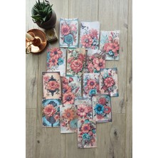 Kolbi Craft 15 Adet Vintage Turkuaz Mercan Gül Temalı Scrapbook Kağıt Seti Bullet Journal Dekupaj Kağıdı