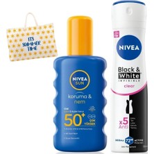 Aesco Sun Güneş Koruyucu Vücut Spreyi 200ML, SPF50 ve Sprey Deodorant Black & White Invisible Clear 150ML, Çanta Hediyeli