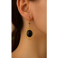 Tuqos Otantik Telkari Işleme Siyah Taşlı Altın Görünümlü Küpe