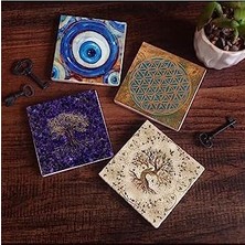 Aesco Nazar, Yaşam Çiçeği, Hayat Ağacı Taş Bardak Altlığı Seti - 4 Parça - Dekoratif, Rustik Mutfak Aksesuarı, 10X10 Cm, Kaydırmaz Tabanlı, Şık ve Dayanıklı SC466