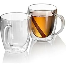 Aesco 2 Adet Büyük Boy 350 ml Çift Cidarlı Cam Çay Kahve Meşrubat Kupa Çift Camlı Isı Yalıtımlı Kulplu Cam Bardak