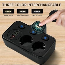 Aesco Akım Korumalı 2x USB ve 2x Type-C Portlu 3 Anahtarlı Ikili Priz Hızlı Şarj Özellikli Duvar Tipi Kısa Kablolu 2li Priz (Siyah), LED Dokunmatik 3 Kademe Gece Aydınlatma