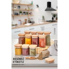  etiketli 12'li akrilik vakumlu ahşap kapak kare baharatlık seti 300 ml-baharatlık takımı