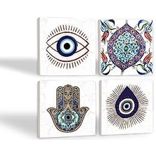 Aesco Nazar, Çini Sanatı, Fatma Ana Eli  Taş Bardak Altlığı Seti - 4 Parça - Dekoratif, Rustik Mutfak Aksesuarı, 10X10 Cm, Kaydırmaz Tabanlı, Şık ve Dayanıklı SC410