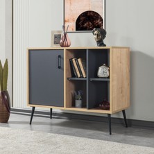 EVMO Home Şile 100 Cm Metal Ayaklı Kulplu Açık Raflı Çok Amaçlı Oturma Odası Konsol Safir-Antrasit 4109