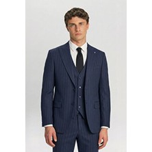 Sabri Özel Giotelli Erkek Lacivert Dar Kesim Slim Fit Viskon Çizgili Mono Yaka Tam Astarlı 6 Drop Yelekli Takım Elbise