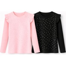 Mini Kanka Kız Çocuk Uzun Kollu Fırfırlı Taşlı Bluz 2’li Set – Fitilli Kumaş, Şık ve Günlük