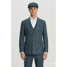 Sabri Özel Giotelli Erkek Yeşil Dar Kesim Slim Fit Viskon Çizgili Sivri Yaka Tam Astarlı Şapkalı 4'lü 6 Drop Yelekli Takım Elbise
