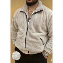 NO 601 Erkek Açık Bej Oversize Fermuarlı Peluş Mont