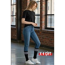 Esinti 4 Çift Erkek Kadın Pamuklu Beyaz Siyah Çizgili Uzun Tenis Çorap Unisex Spor Çorabı