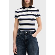 Tommy Jeans Pamuklu Slim Fit Çizgili Düğmeli Polo Yaka T Shirt Bayan Polo Yaka T Shirt DW0DW21931 0fb