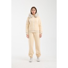 Afri Kadın Bej Kapüşonu Kürklü (Çıkarılabilir) Fermuarlı Sweatshirt ve Eşofman Altı Takım