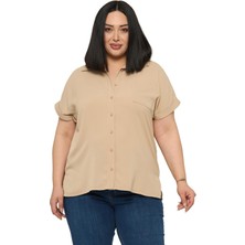 Disentis Modest Büyük Beden Tek Cepli Kısa Duble Kollu Bej Rengi Gömlek