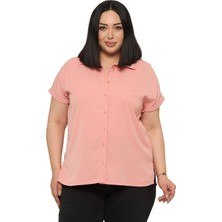 Disentis Modest Büyük Beden Tek Cepli Kısa Duble Kollu Pudra Gömlek