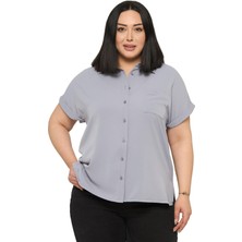 Disentis Modest Büyük Beden Tek Cepli Kısa Duble Kollu Açık Gri Gömlek