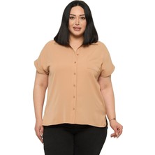 Disentis Modest Büyük Beden Tek Cepli Kısa Duble Kollu Vizon Gömlek