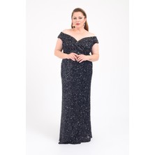 Lilas Xxl Kadın Büyük Beden Madonna Yaka Full Taş ve Payetli Uzun Abiye Elbise 2439 Siyah