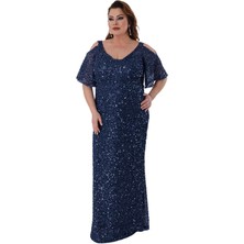 Lilas Xxl Kadın Büyük Beden Full Pul Payet Işlemeli Yarım Kol Maxi Boy Abiye Elbise 2530 Lacivert