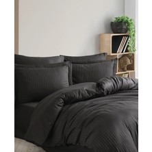 Bahar Evde Hobby Çizgili Pamuksaten Çift Kişilik Nevresim Takımı Siyah