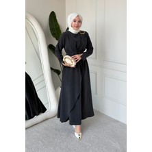 Tesettür Diyarı Goldest Cupra Tansel Tokalı Tesettür Elbise- Antrasit