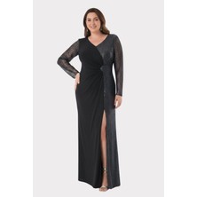 Lilas Xxl Kadın Büyük Beden V Yaka Taş Detaylı Uzun Abiye Elbise 2559 Siyah