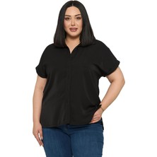 Disentis Modest Büyük Beden Tek Cepli Kısa Duble Kollu Siyah Gömlek